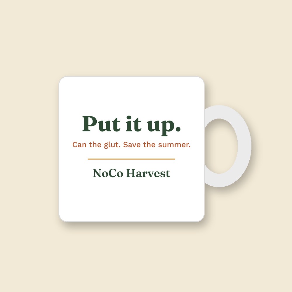White mug printed with Put it up. Can the glut. Save the summer.